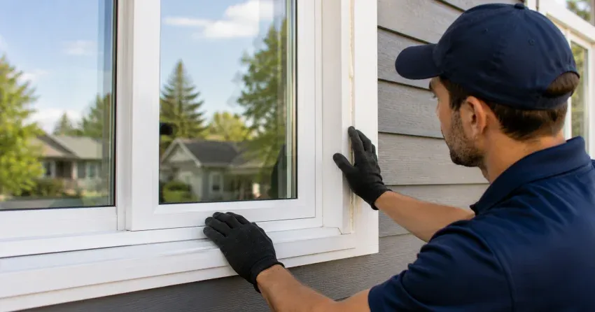 technician comparing full-frame and retrofit window replacement options in St. Marys