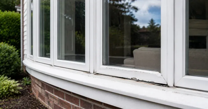 technician inspecting bow window frame and seal for damage in St. Marys