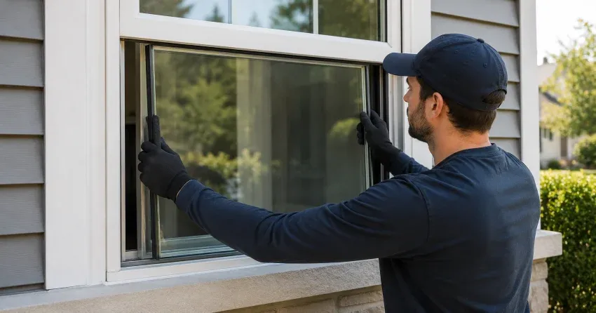 technician boarding up broken window during emergency glass repair St. Marys
