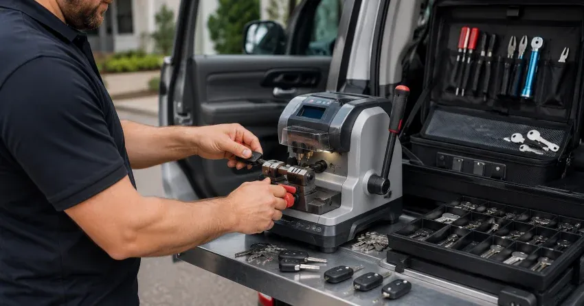 technician cutting a replacement car door lock key in St. Marys