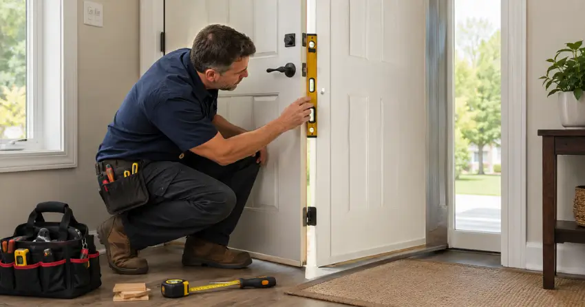 technician diagnosing a misaligned door frame in Lind, St. Marys