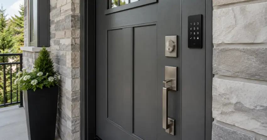 High-security door hardware and access control keypad installed on a residential entry door in St. Marys