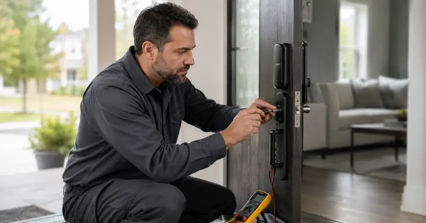 technician diagnosing automatic door lock mechanism on residential door in St. Marys