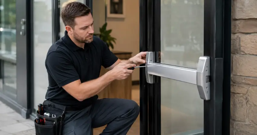 commercial locksmith repairing exit device on storefront door Lind, St. Marys