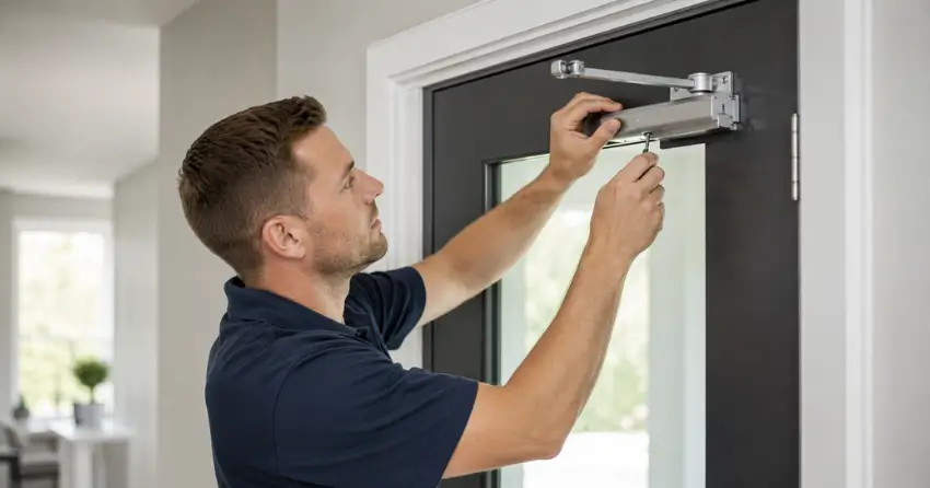 technician adjusting door closer hydraulic valve in St. Marys home