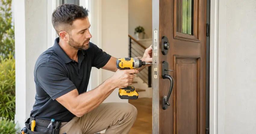locksmith installing new deadbolt lock on front door in Lind, St. Marys