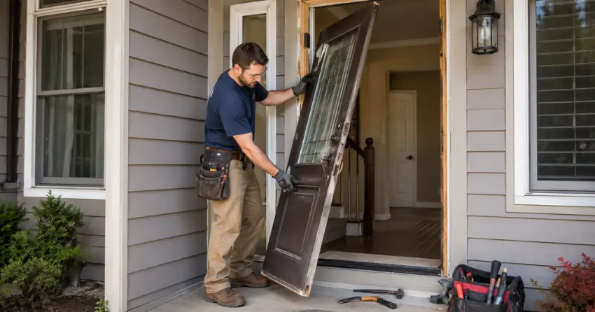 old exterior door being removed for replacement in St. Marys