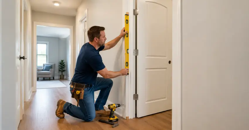 technician installing a pre-hung interior door in a home hallway St. Marys