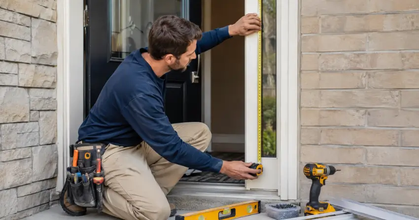 technician measuring door frame before storm door install in Lind, St. Marys
