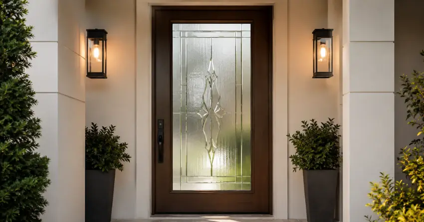 decorative frosted glass panel installed in a front door in St. Marys