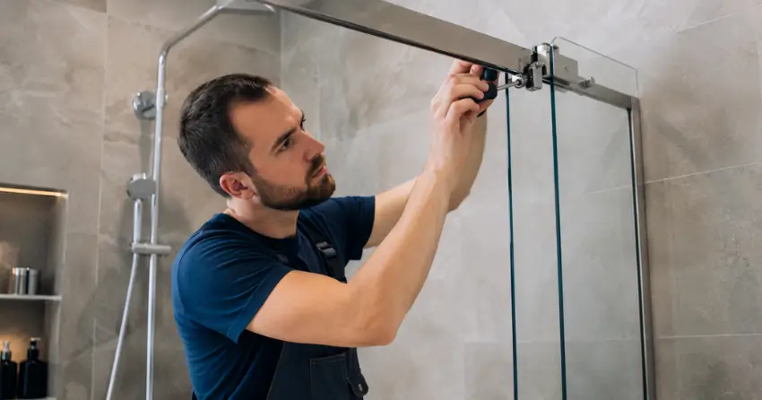 technician adjusting shower door hinge and track in St. Marys