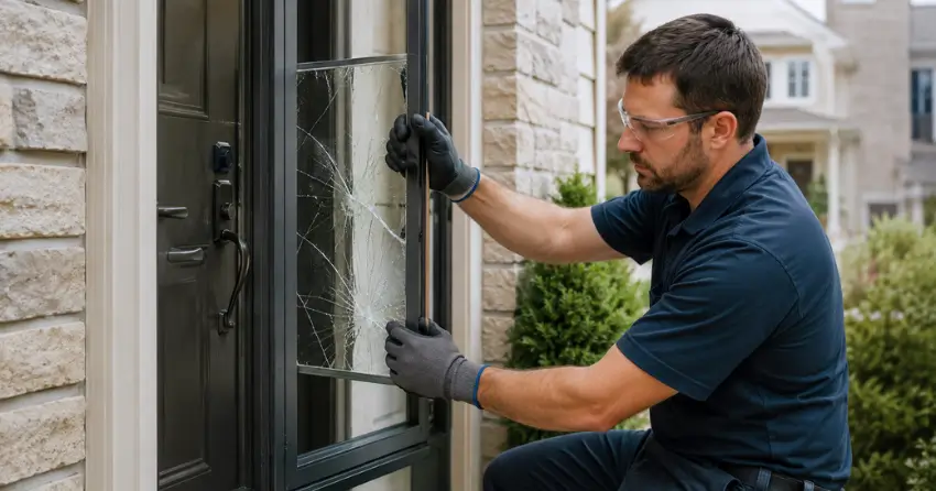 technician removing cracked storm door glass panel in Lind, St. Marys