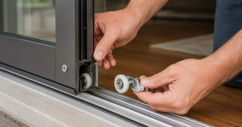 sliding door alignment Lind, St. Marys technician adjusting roller track