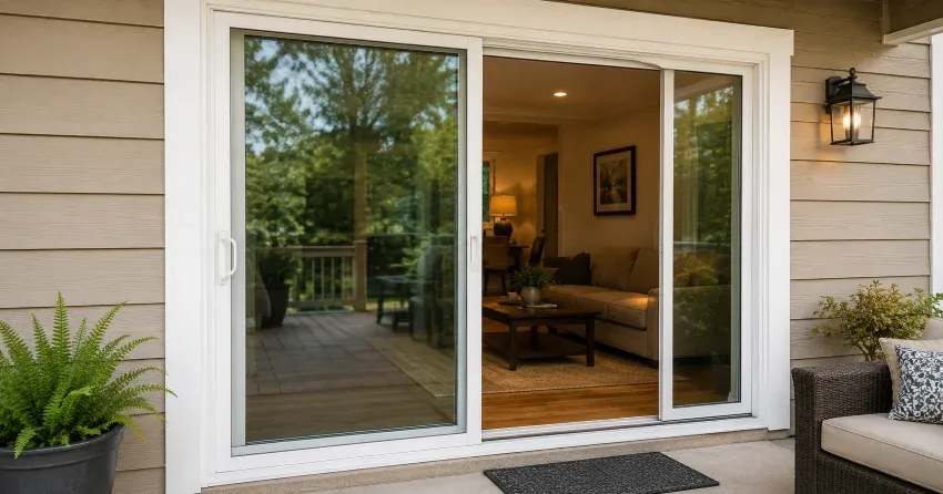 Patio Door Installation technician setting a new frame in St. Marys