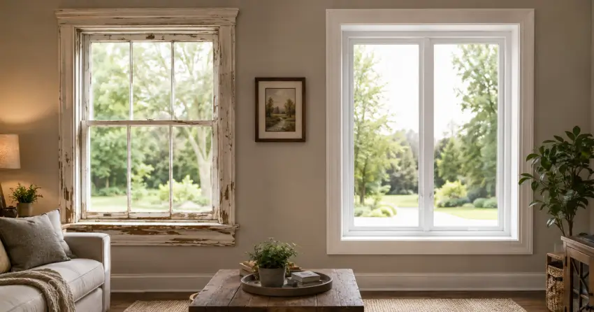 side by side comparison of old and new window in St. Marys