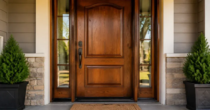 wood door mid-restoration showing stripped bare wood in St. Marys
