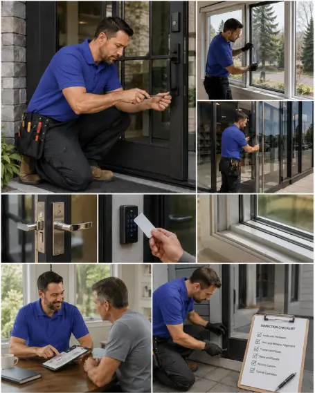 A technician checking the alignment of a replacement window during installation